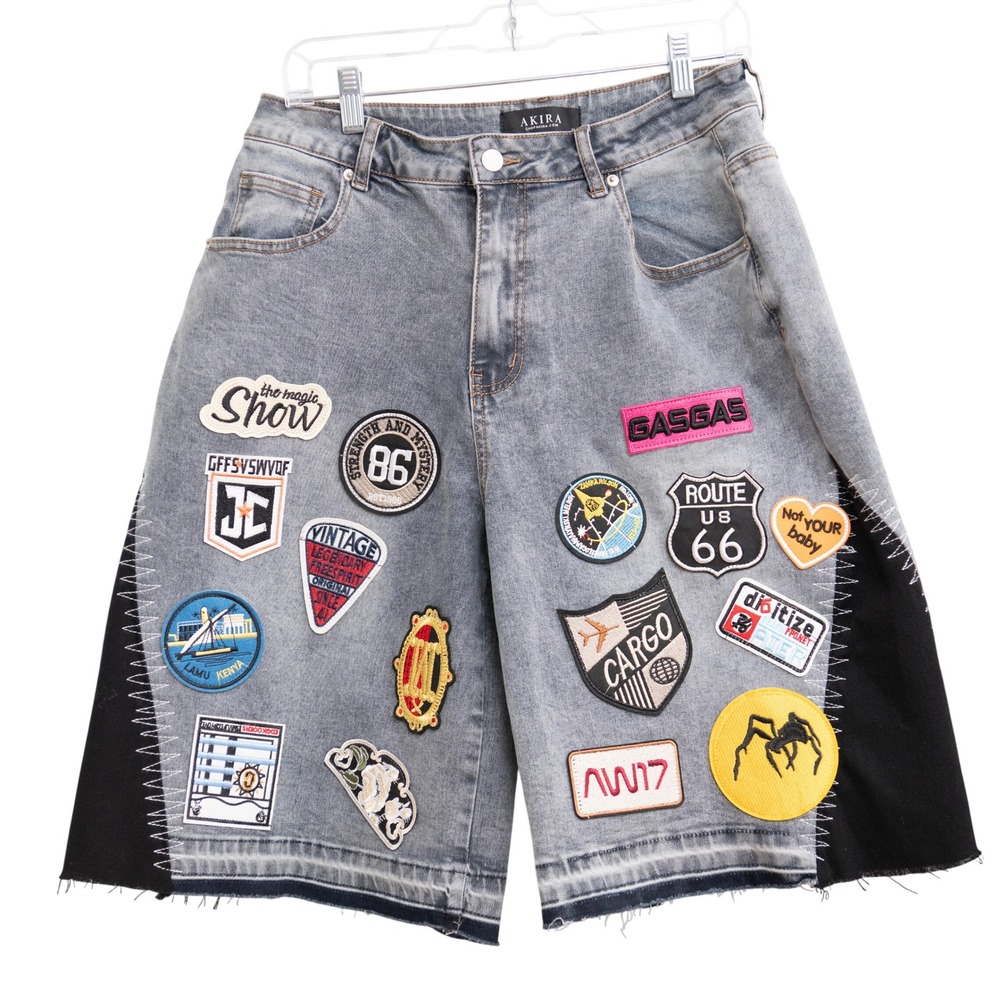 Akira XL Patchwork Denim Jorts Shorts Edgy Urban Streetwear Moto Y2K Festival